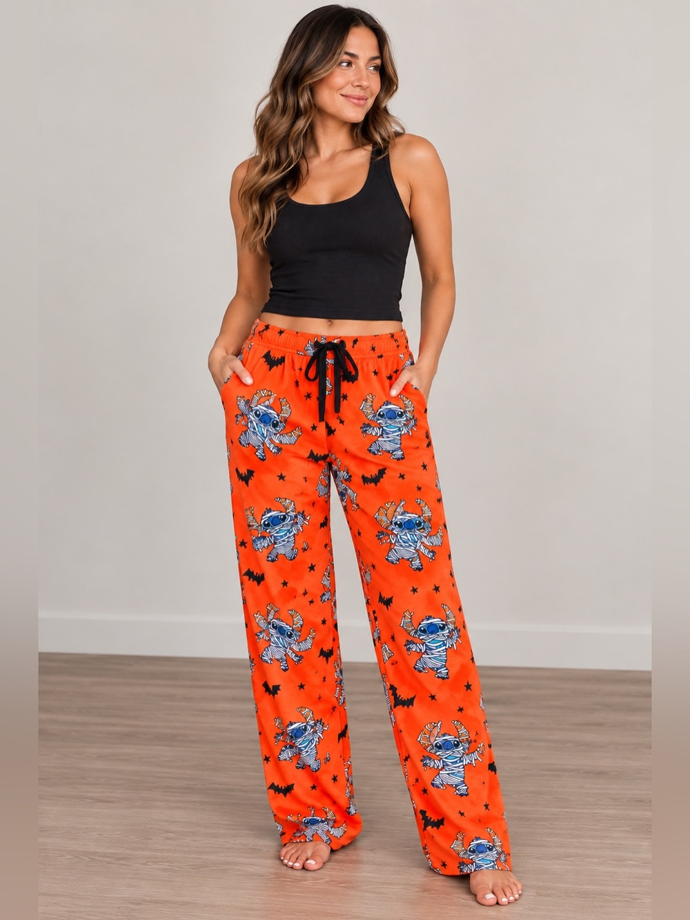 NEW Disney Stitch Mummy Halloween Orange Pajama Pants Womens Medium